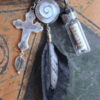How to Fly Bracelet with Old Sterling Cuff, Sterling Cross, Raven Wing,Glass Quote Vessel & Sterling Capped Bead