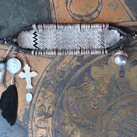 How to Fly Bracelet with Old Sterling Cuff, Sterling Cross, Raven Wing,Glass Quote Vessel & Sterling Capped Bead