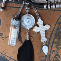 How to Fly Bracelet with Old Sterling Cuff, Sterling Cross, Raven Wing,Glass Quote Vessel & Sterling Capped Bead