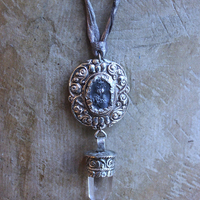 Unique Flaming Sacred Heart & Clear Rock Quartz Point Necklace with Silver Distressed Leather Ties