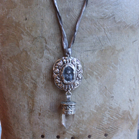 Unique Flaming Sacred Heart & Clear Rock Quartz Point Necklace with Silver Distressed Leather Ties