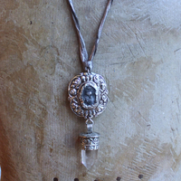 Unique Flaming Sacred Heart & Clear Rock Quartz Point Necklace with Silver Distressed Leather Ties