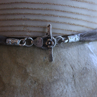 Unique Flaming Sacred Heart & Clear Rock Quartz Point Necklace with Silver Distressed Leather Ties