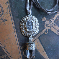 Unique Flaming Sacred Heart & Clear Rock Quartz Point Necklace with Silver Distressed Leather Ties