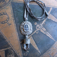 Unique Flaming Sacred Heart & Clear Rock Quartz Point Necklace with Silver Distressed Leather Ties