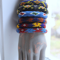 Set of 6 Authentic Tribal Seed Bead Bracelets with Various Drops & Dangles