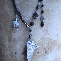 The Winds of your Soul Necklace with Amazing Faceted Almandine Garnet, Cast Bird Wing, Holy Spirit Dove & Puffy Heart Medal