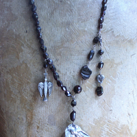 The Winds of your Soul Necklace with Amazing Faceted Almandine Garnet, Cast Bird Wing, Holy Spirit Dove & Puffy Heart Medal