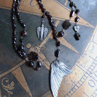 The Winds of your Soul Necklace with Amazing Faceted Almandine Garnet, Cast Bird Wing, Holy Spirit Dove & Puffy Heart Medal