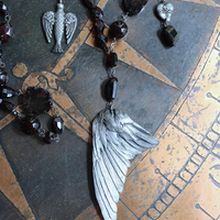 The Winds of your Soul Necklace with Amazing Faceted Almandine Garnet, Cast Bird Wing, Holy Spirit Dove & Puffy Heart Medal