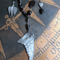 The Winds of your Soul Necklace with Amazing Faceted Almandine Garnet, Cast Bird Wing, Holy Spirit Dove & Puffy Heart Medal