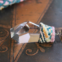 NEW! Braided Kantha Necklace w/Clear Rock Quartz Free Form Point, Unique Silver Connector, Carved Angel Wing & Kantha Tassel