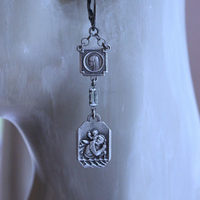 NEW! Asymmetrical Earrings with Small Antique French Medals,Sterling Cross,Antique Rhinestone Finding & Sterling Earring Wires