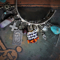 SOLD to M  Meditation & Fulfillment Gypsy Cuff Bracelet w/Sterling Engraved Tarot Medals,Beaded Banjara Tassels,Polished Garnet,Silver Capped Quartz Point & Much More!