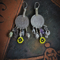 Gypsy Soul Earrings w/Antique Gypsy Findings,Beaded Banjara Flowers,Antique Paste Crescent Moon & Star Finding,Faceted Amethyst & More!