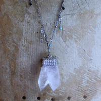 Single Soul Necklace with Amazing & Rare Double Point Clear Rock Quartz Pendant w/Sterling Mesh Cap,Sterling Chain Fragment Chain, Multiple Drops