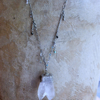 Single Soul Necklace with Amazing & Rare Double Point Clear Rock Quartz Pendant w/Sterling Mesh Cap,Sterling Chain Fragment Chain, Multiple Drops