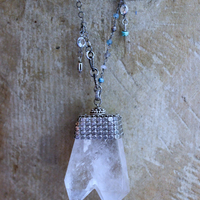 Single Soul Necklace with Amazing & Rare Double Point Clear Rock Quartz Pendant w/Sterling Mesh Cap,Sterling Chain Fragment Chain, Multiple Drops