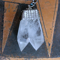 Single Soul Necklace with Amazing & Rare Double Point Clear Rock Quartz Pendant w/Sterling Mesh Cap,Sterling Chain Fragment Chain, Multiple Drops