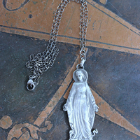 The Genesis of Love Necklace with Rare Virgin Mary and Serpent Pendant, Sterling Rolo Chain & Clasp