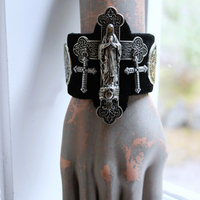 OOAK Marian Cross Cuff Bracelet with Unique Dimensional Cross,Antique Sterling Medallions,Bead Point Crosses