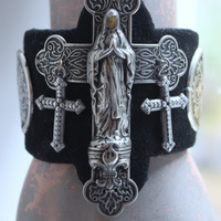 OOAK Marian Cross Cuff Bracelet with Unique Dimensional Cross,Antique Sterling Medallions,Bead Point Crosses