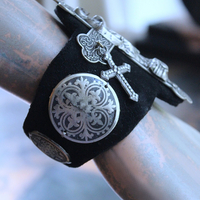 OOAK Marian Cross Cuff Bracelet with Unique Dimensional Cross,Antique Sterling Medallions,Bead Point Crosses