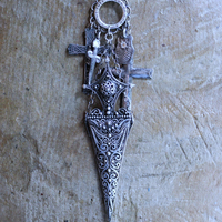 The Armor of God Necklace with Antique Sterling Filigree Sword & Sheath, Sterling Engraved Connector,Sterling Shield & Dagger