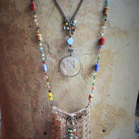 SOLD to J Clarity Necklace Set w/Vintage Travelling Rider Waite Tarot Deck,Antique Mardi Gras Beads,Antique Pouch,Antique Focusing Beveled Lens,Antique Paisley Drop,"Love Heals" Finding & More!