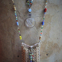 SOLD to J Clarity Necklace Set w/Vintage Travelling Rider Waite Tarot Deck,Antique Mardi Gras Beads,Antique Pouch,Antique Focusing Beveled Lens,Antique Paisley Drop,"Love Heals" Finding & More!