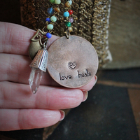 SOLD to J Clarity Necklace Set w/Vintage Travelling Rider Waite Tarot Deck,Antique Mardi Gras Beads,Antique Pouch,Antique Focusing Beveled Lens,Antique Paisley Drop,"Love Heals" Finding & More!