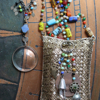 SOLD to J Clarity Necklace Set w/Vintage Travelling Rider Waite Tarot Deck,Antique Mardi Gras Beads,Antique Pouch,Antique Focusing Beveled Lens,Antique Paisley Drop,"Love Heals" Finding & More!