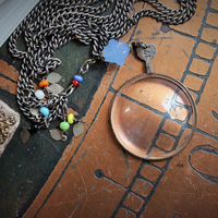 SOLD to J Clarity Necklace Set w/Vintage Travelling Rider Waite Tarot Deck,Antique Mardi Gras Beads,Antique Pouch,Antique Focusing Beveled Lens,Antique Paisley Drop,"Love Heals" Finding & More!