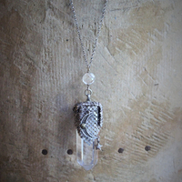 I am all Love Necklace Water Clear Quartz Crystal Point,Antique Sterling Mesh,Antique Sterling Crescent Moon, Rare Faceted Rock Crystal Connector & Antique Sterling Puffy Star