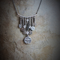Come Holy Spirit Necklace w/RARE Antique Sterling French Vene Sancte Spiritus Medal,Antique Faceted Rock Crystal Connectors,6 Antique French Medals,Vintage & Antique Chain Fragments