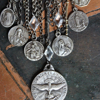 Come Holy Spirit Necklace w/RARE Antique Sterling French Vene Sancte Spiritus Medal,Antique Faceted Rock Crystal Connectors,6 Antique French Medals,Vintage & Antique Chain Fragments