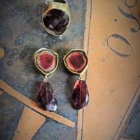 "One of Kind" Numbered & Signed Stephen Dweck Sterling Vermeil Watermelon Tourmaline & Tourmaline Ring and Earring Set