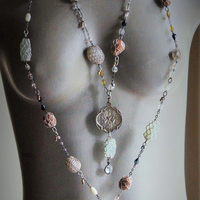 Bohemian Necklace Set w/Antique Metallic Thread Crocheted Stones,Antique Flaming Sacred Heart Medal,Antique French Rosary Chains,Drops+