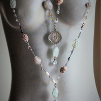Bohemian Necklace Set w/Antique Metallic Thread Crocheted Stones,Antique Flaming Sacred Heart Medal,Antique French Rosary Chains,Drops+