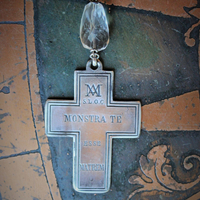 Antique French Sterling Engraved Sacred Hearts Cross Necklace w/Antique Undrilled & Faceted Rock Crystal Connectors,Faceted Rock Crystal Stone,Antique Sterling Chain
