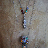 NEW! Strength, Justice & Temperance Necklace Set w/Antique Silver Prayer Box with Inset Faceted Crystals,3 Engraved Sterling Tarot Medals,Antique Cast Figural Hand,Sterling Chains