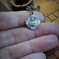 Distressed Leather Band Ring w/RARE Tiny Antique French Reliquary Cross,Antique French Sacred Heart of Jesus Medal,Antique Fatima Sacred Heart Marian Medal