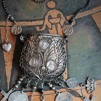 Antique Prayer Box Pendant Necklace w/Inset Antique French Medals,Antique Relic Medal,Antique Sterling Peace Dove & 4 Way Cross,Rare Antique French Sterling Our Lady of Moulins Medal & Much More!