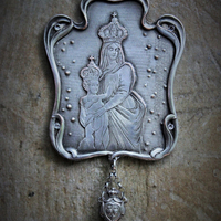 Breathe for Us  Necklace w/One of A Kind Antique French Engraved Mother Mary & Child Wicker Pendant, Sterling & Faceted Crystal Chain, Rare Antique French Sterling Sacred Heart Rosary Connector