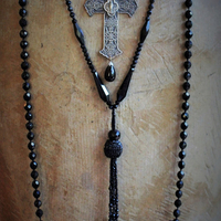 Antique Faceted Black Bead Trio Necklace Set w/RARE Antique French Marian Cross, Antique Faceted Black Bead Tassel
