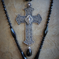 Antique Faceted Black Bead Trio Necklace Set w/RARE Antique French Marian Cross, Antique Faceted Black Bead Tassel