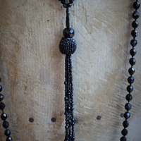 Antique Faceted Black Bead Trio Necklace Set w/RARE Antique French Marian Cross, Antique Faceted Black Bead Tassel
