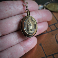 Paradise Lost Necklace Set w/Hand Stitched Distressed Leather Pouch,2 Volume Miniature Paradise Lost (John Milton) Books,Antique French Reliquary Locket,Antique Sacred Heart Cross & More!