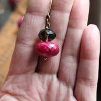 Faceted Natural Ruby & Faceted Smoky Topaz Necklace & Earring Set w/Antique Goldfill Cross, Antique Chain & Chain Tassel