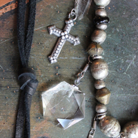 I Come Longing Necklace w/Antique Tribal Beads,Old Wood Findings with Mother Teresa "I THIRST" Text,Multiple Rock Quartz Drops,Antique Kuchi Findings & More!